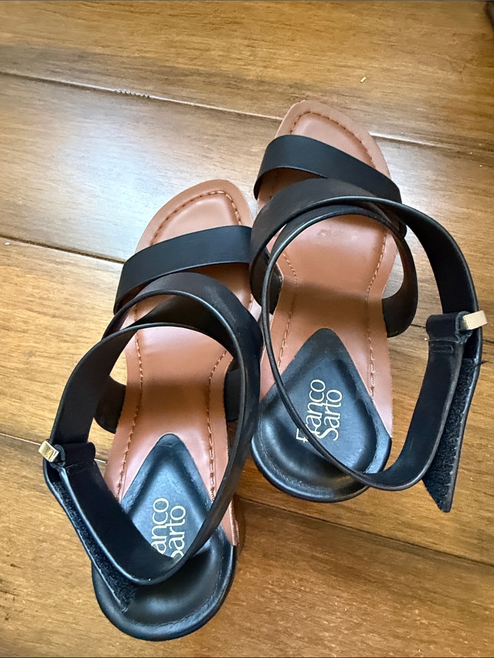 Franco Sarto Black Leather Strappy Block Heel Sandals - Picture 3 of 5